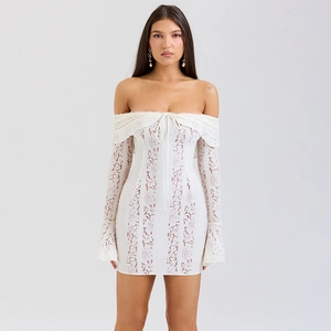 Detailed close-up of white lace off-shoulder long sleeve bodycon dress for women