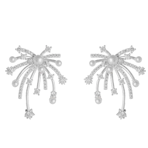 Sparkling silver stud earrings with zircon starburst and elegant hanging pearl