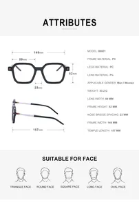 Detailed size chart and specifications for square frame fashion sunglasses model 86601
