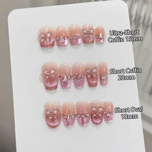 Press On Nails Handmade Pink French Gradient Cat Eye Effect With Rhinestone Butterfly Luxury Reusable Artificial