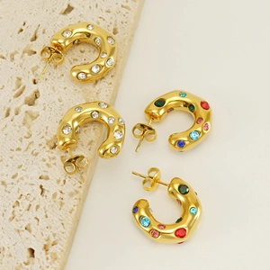 Chic 18K gold plated stainless steel irregular hoop earrings with colorful zircon stones
