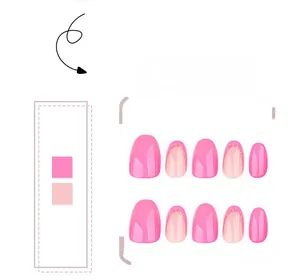 Macro shot of 10 short oval press-on nails in bright pink with gold glitter french tips