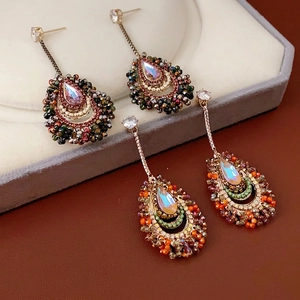 Exquisite drop tassel earrings with colorful beads and zircon studs in a luxury vintage style