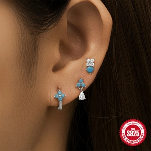 S925 sterling silver turquoise daisy and waterdrop earring set on ear model