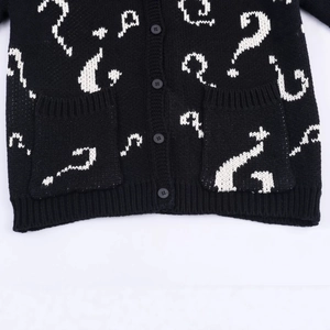 Women's black knit cardigan featuring a unique white question mark jacquard pattern