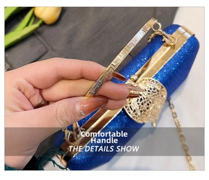 Close-up of sparkling blue sequin clutch bag featuring a textured gold metal handle