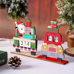 Wooden Christmas countdown calendar car ornaments with Santa Claus and gift decor