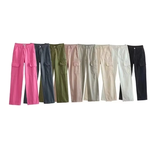 Women Casual Cargo Pants High Waist Straight Leg Multi Pockets Solid Color Brushed Cotton Work Pants For Daily Streetwear