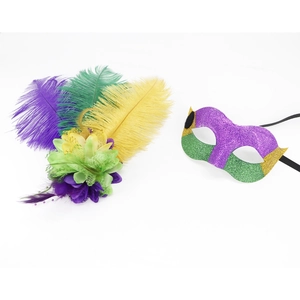 Detail of sequined Mardi Gras mask and matching feather floral hair accessory set