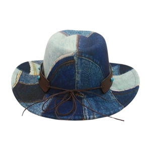 Detailed patchwork denim cowboy hat featuring brown leather band with turquoise studs