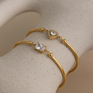 18K gold plated stainless steel bracelet set with heart and rectangle zircon stones