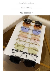 Flat lay of retro metal square sunglasses in nine different colorful lens varieties