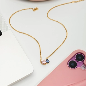 Collana in acciaio inossidabile 18K con zircone a cuore rosa e goccia blu