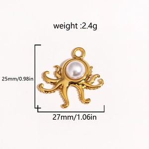 Macro shot of gold octopus charm with pearl, showing 25mm height and 27mm width details