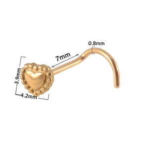 Gold heart-shaped stainless steel nose stud with detailed dimension measurements