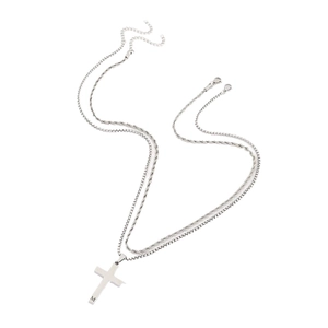 Layered stainless steel chain necklace featuring a silver cross pendant with letter M