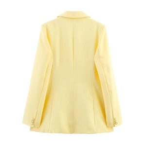 Rear view of light yellow slim fit blazer showing back seam and sleeve button detail