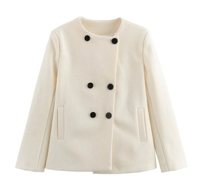 Close-up of double-breasted buttons and pocket detail on white wool blend coat