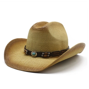 Chapeau De Cow-Boy En Paille Bord Large Protection Solaire Style Ethnique Rétro Avec Bande Cuir Turquoise Pour Voyage