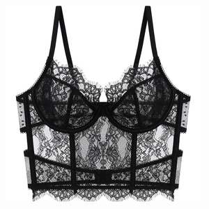 Sexy schwarzes Spitzen-Bustier-Top mit Bügelkörbchen und zartem Wimpernspitzenrand