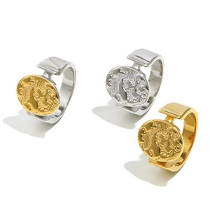Polished stainless steel 18K gold nebula embossed world map rings in three colors