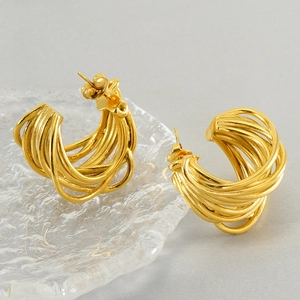 18K gold plated multi-layer wrap C-shape hoop earrings with vintage geometric design