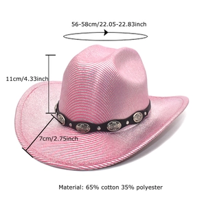 Rosa glitzernder Western-Cowboyhut mit silbernen Sonnenblumen-Conchos und Größenangaben