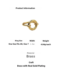 Detail showing 1.5cm wide gold plated brass ring with knot design and size 7 specs