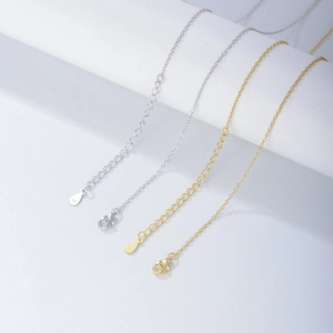 Detail of S925 sterling silver necklace showing extension chain and lobster clasp
