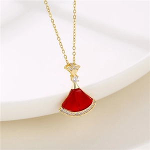 18K gold plated stainless steel necklace with red resin fan pendant and zircon details