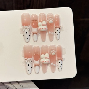Press On Nails Handmade Sweet Pink Gradient White With 3D Rabbit Cat Paw And Bow Glossy For Women
