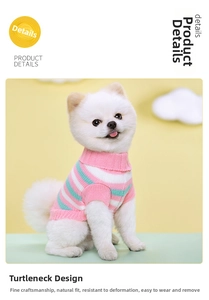 Detail of pink and mint green striped knit dog sweater featuring a cozy ribbed turtleneck