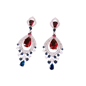 Vintage silver drop earrings with red and blue zircon stones in elegant palace style