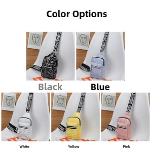 Detailed grid view of lightweight crossbody chest bags in black, blue, white, and pink