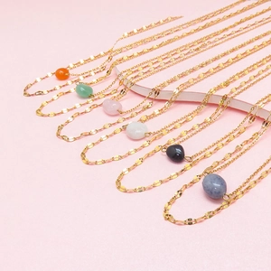 Vintage Stainless Steel Double Layer Necklace For Women Gold Plated Natural Stone Pendant Moonstone Green Aventurine Necklaces Jewelry Gift