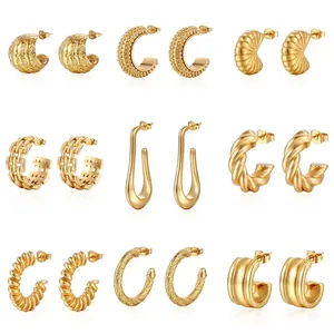 Stainless Steel Hoop Earrings 18K Gold Plated Geometric Textured Fashion Jewelry For Women