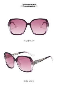 Detailansicht lila Farbverlauf Sonnenbrille mit Strass verzierten hohlen Metallbügeln