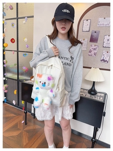 Dettaglio dello zaino bianco con un gatto di peluche arcobaleno indossato da modella