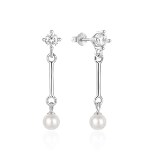 Detail view of S925 sterling silver tassel earrings with white pearls and zircons