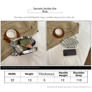Size chart and interior capacity view of leaf-shaped acrylic evening clutch bag