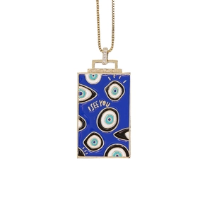 Golden rectangular evil eye necklace with blue enamel and I SEE YOU engraving