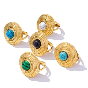 Adjustable 304 stainless steel rings with colorful stones and spiral texture base