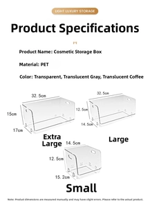Size chart showing PET cosmetic storage box dimensions for small, large, and extra-large sizes