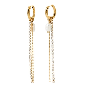 Elegant gold earrings with round white pearls and sparkling crystal tassel chains