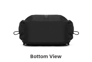 Detail view of the black oxford cloth bag base with metal D-rings and side drawstrings