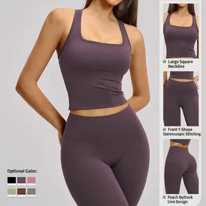 Ensemble de yoga violet pour femmes avec haut à col carré et legging taille haute