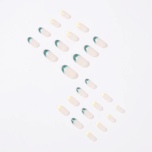 Olive green and pale yellow French style press-on nails set with 24 oval pieces