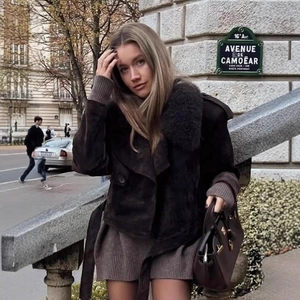 Women Faux Suede Short Jacket With Detachable Faux Fur Collar Lapel Waist Tie Long Sleeve Coffee Brown Retro Commute