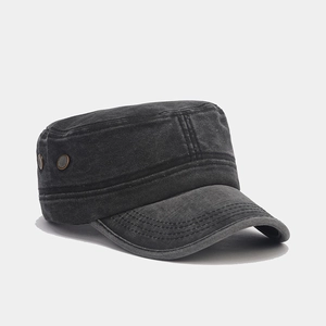 British retro charcoal washed cotton cadet cap with vintage metal buckle and stiff brim
