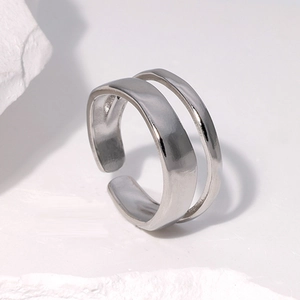 Minimalist double layer silver titanium steel open ring with adjustable band design